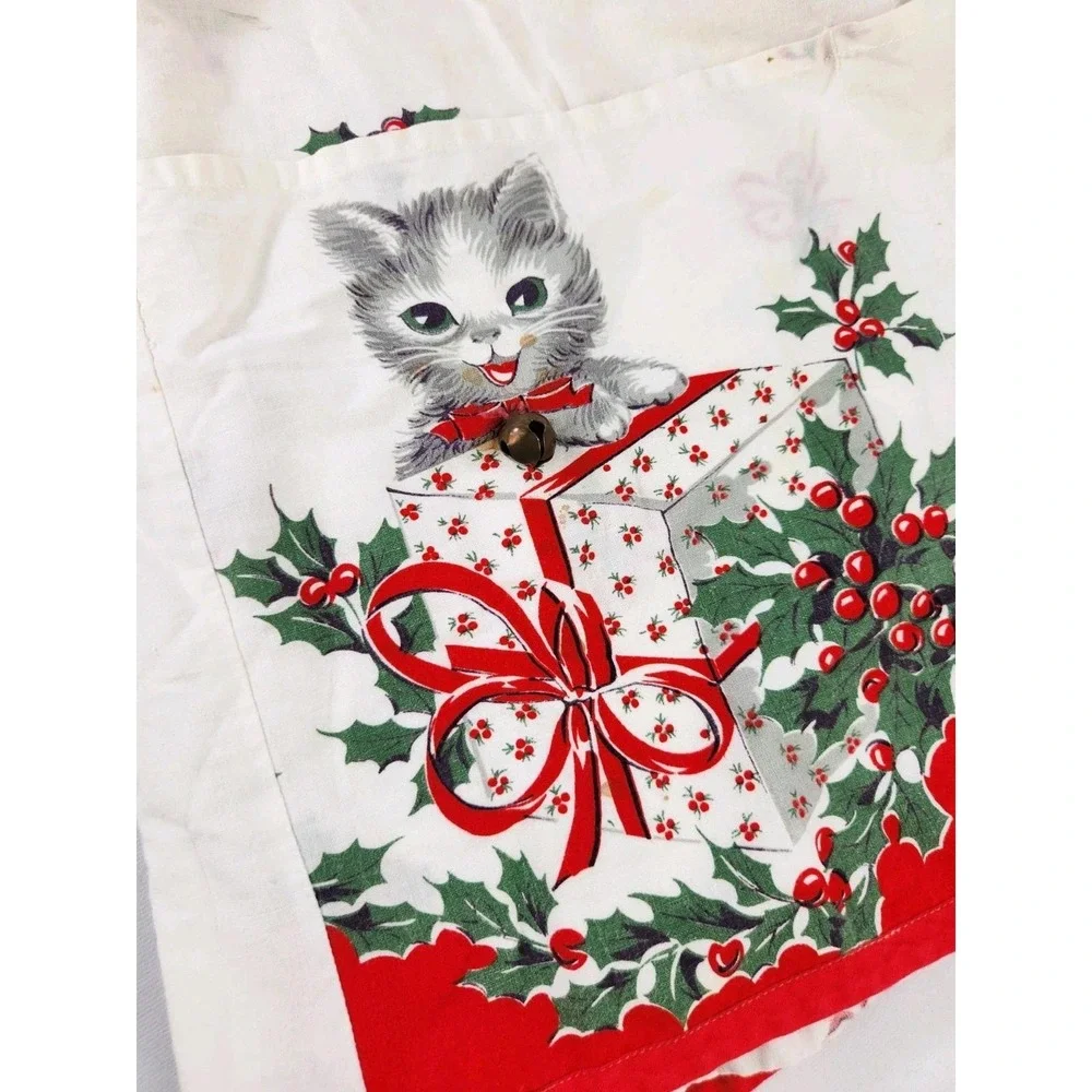 Vintage Kittens Holiday Christmas Apron Cats Jingle Bells Pockets Half Waist Tie